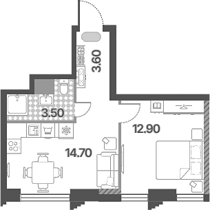 2-комн., 34.7 м², 40/58 этаж, ЖК «Обручева 30»