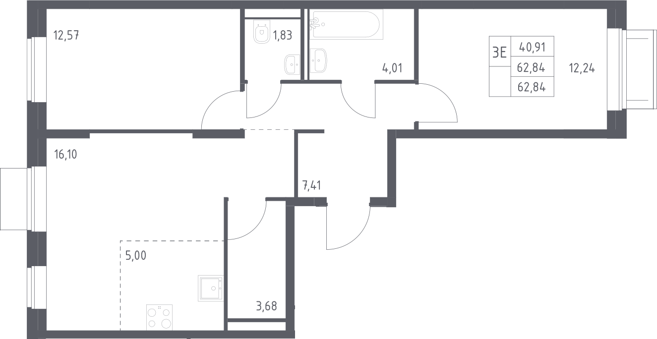 3-комн., 62.84 м², 2/19 этаж, ЖК «Квартал Домашний»