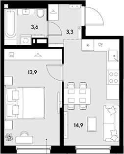 1-комн., 35.7 м², 3/18 этаж, ЖК «Грейд»