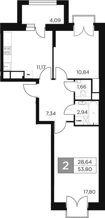 2-комн., 51.75 м², 8/15 этаж, ЖК «Восток 2»