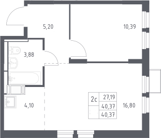 2-комн., 40.37 м², 19/25 этаж, ЖК «Большое Путилково»