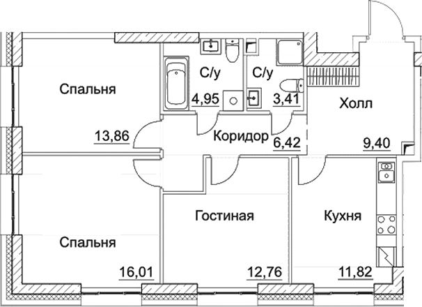 3-комн., 78.63 м², 6/35 этаж, ЖК «СЕЗАР СИТИ»