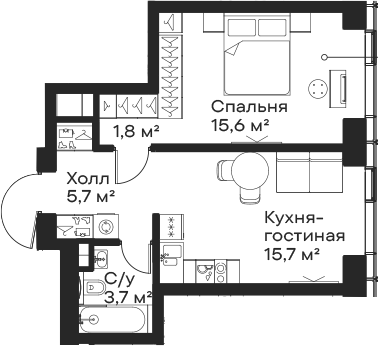 2-комн., 42.5 м², 6/59 этаж, ЖК «Сити Бэй»