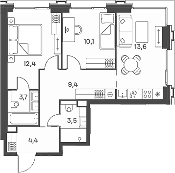 3-комн., 57.1 м², 13/29 этаж, ЖК «Портленд»
