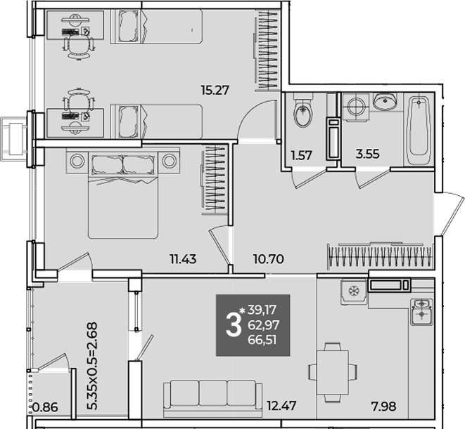 2-комн. квартира, 62.97 м² в ЖК Образцово — фото 2