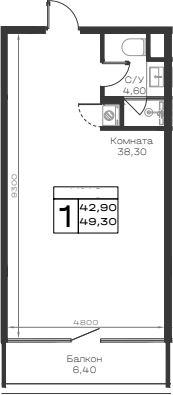 Студия, 42.9 м², 2/6 этаж, ЖК «Хако»