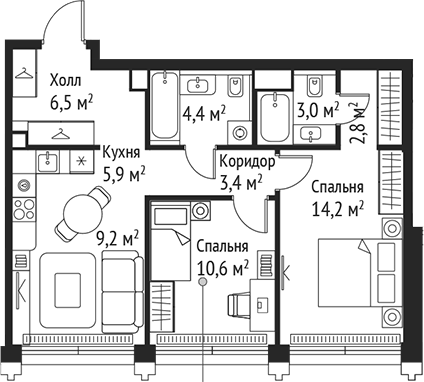 3-комн., 60 м², 56/59 этаж, ЖК «СЕТ»