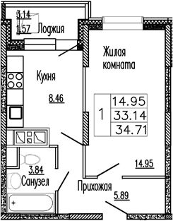 1-комн., 34.3 м², 8/9 этаж, ЖК «Клевер»
