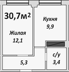 1-комн., 30.7 м², 1/9 этаж, ЖК «Европейский»