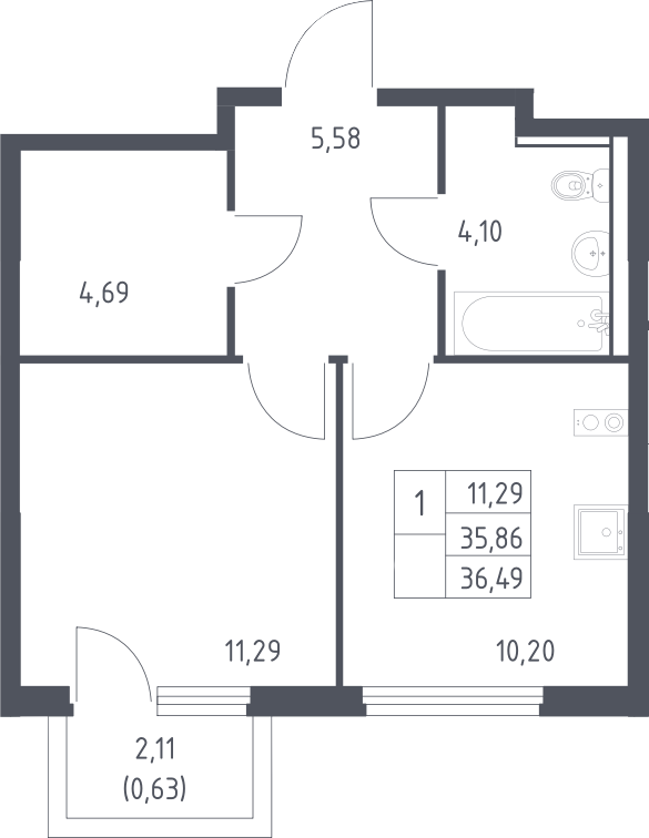 1-комн., 35.86 м², 14/15 этаж, ЖК «Пригород Лесное»