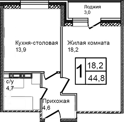 2-комн., 41.4 м², 2/12 этаж, ЖК «Троицкий»