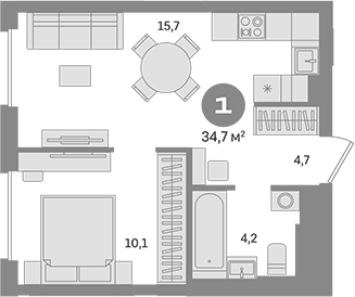 1-комн., 34.7 м², 28/30 этаж, ЖК «Квартал Герцена»