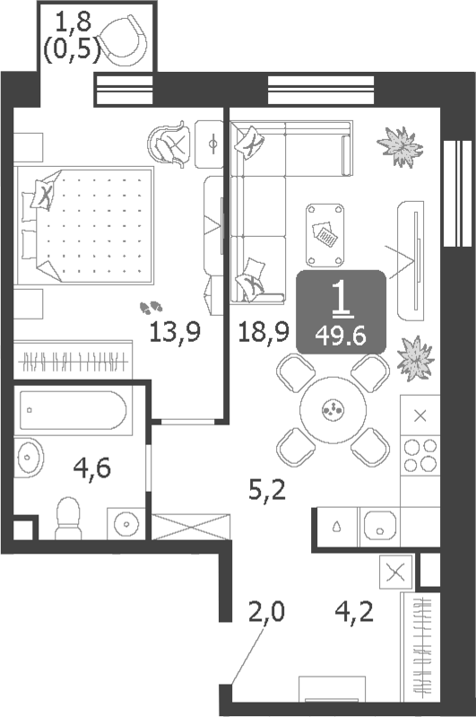 2-комн., 49.1 м², 19/19 этаж, ЖК «Шагал»