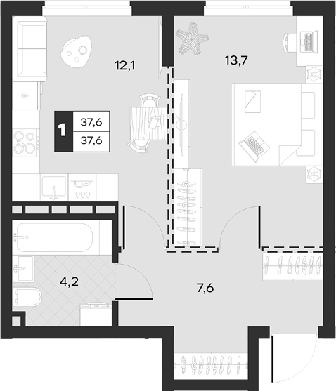 1-комн., 37.6 м², 6/13 этаж, ЖК «Луиджи»