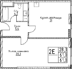 2-комн., 61 м², 27/29 этаж, ЖК «Наметкин Тауэр»