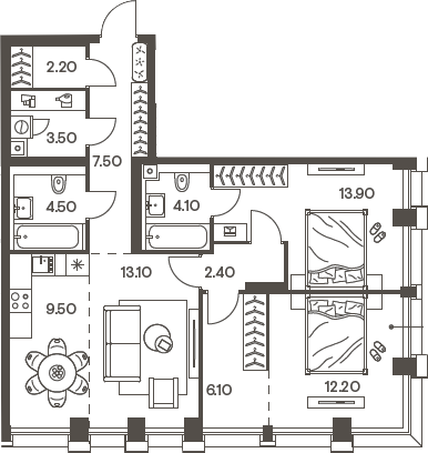 3-комн., 79 м², 28/33 этаж, ЖК «Инджой»