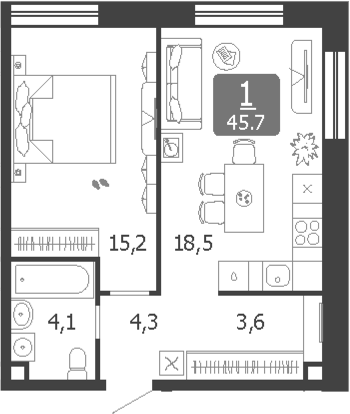 2-комн., 45.7 м², 8/19 этаж, ЖК «Шагал»