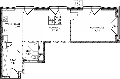2-комн., 51.86 м², 6/20 этаж, ЖК «ЭВОПАРК Сокольники»