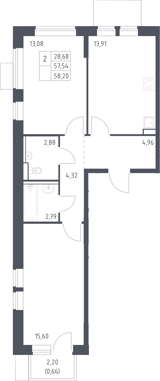 2-комн., 57.54 м², 10/14 этаж, ЖК «Молжаниново»