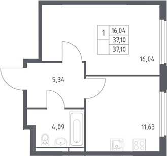 1-комн., 37.1 м², 17/17 этаж, ЖК «Космический Квартал»
