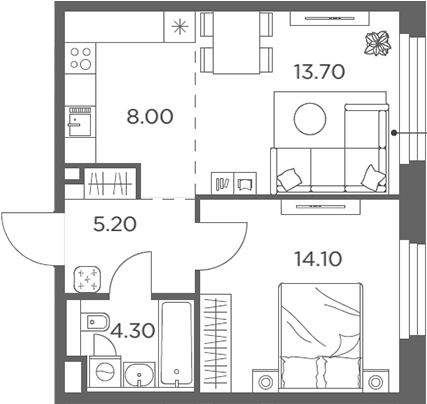 2-комн., 45.3 м², 23/23 этаж, ЖК «Белый Град»