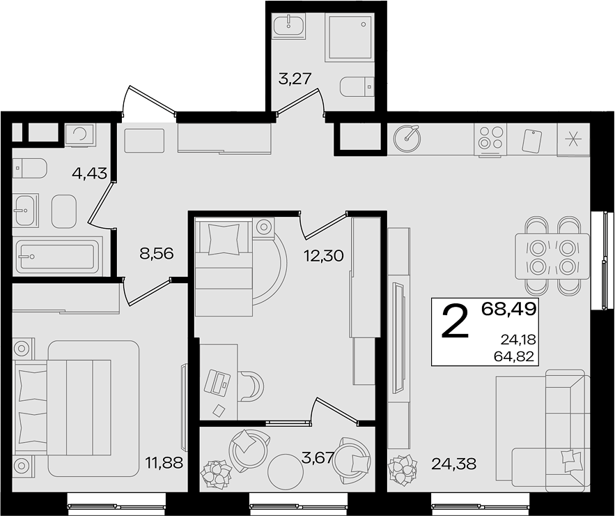 3-комн. квартира, 64.82 м² в ЖК Патрики — фото 2