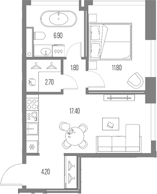 1-комн., 44.8 м², 8/20 этаж, ЖК «Северный Порт»