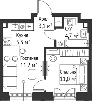 2-комн., 35.2 м², 3/59 этаж, ЖК «СЕТ»