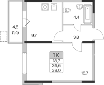 1-комн., 36.6 м², 4/9 этаж, ЖК «Пироговская ривьера. Мытищи»