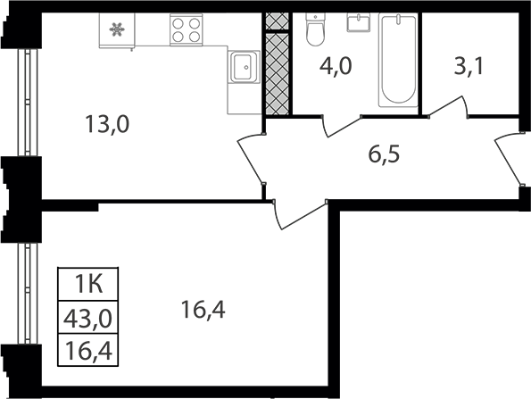 1-комн., 43 м², 8/30 этаж, ЖК «Варшавские ворота»