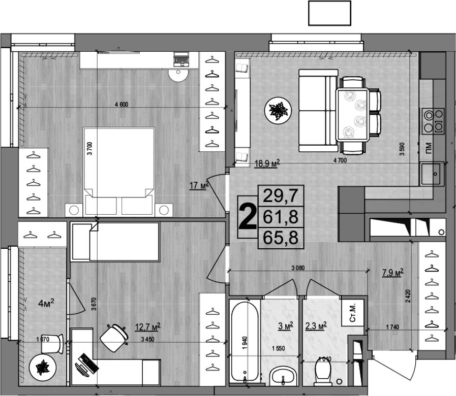 3-комн., 61.8 м², 16/18 этаж, ЖК «Гранд Комфорт»