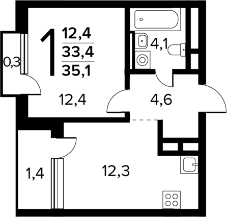 1-комн., 33.4 м², 12/12 этаж, ЖК «Новые Ватутинки Квартал у реки»