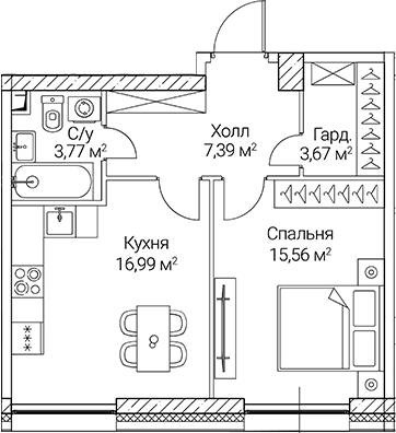 1-комн., 47.38 м², 36/51 этаж, ЖК «СЕЗАР СИТИ»
