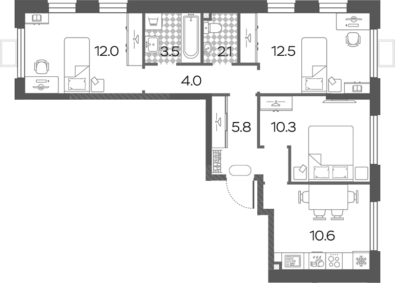 3-комн., 60.8 м², 4/13 этаж, ЖК «Лучи»