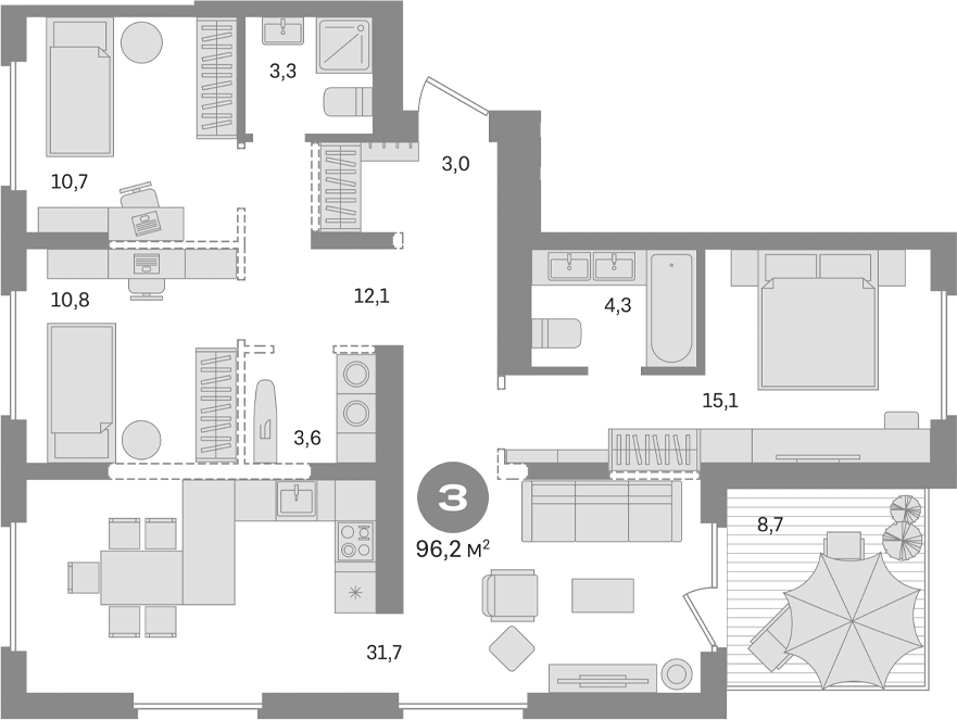 3-комн., 94.6 м², 8/9 этаж, ЖК «Первый квартал. Вторая очередь»