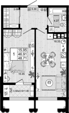 1-комн. квартира, 46.91 м² в ЖК Резиденция морей — фото 2