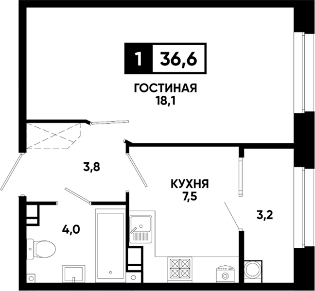 1-комн., 33.4 м², 6/8 этаж, ЖК «Кварталы 17/77»