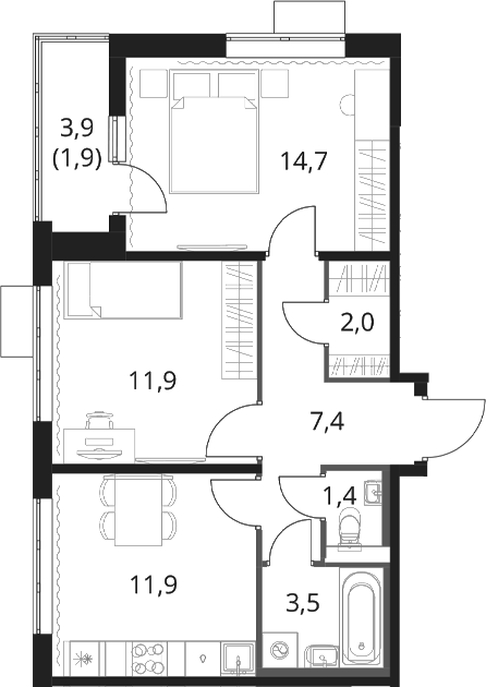 2-комн., 52.9 м², 8/16 этаж, ЖК «1-й Шереметьевский»