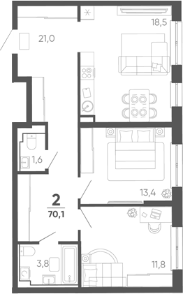2-комн. квартира, 70.1 м² в ЖК Барса — фото 2