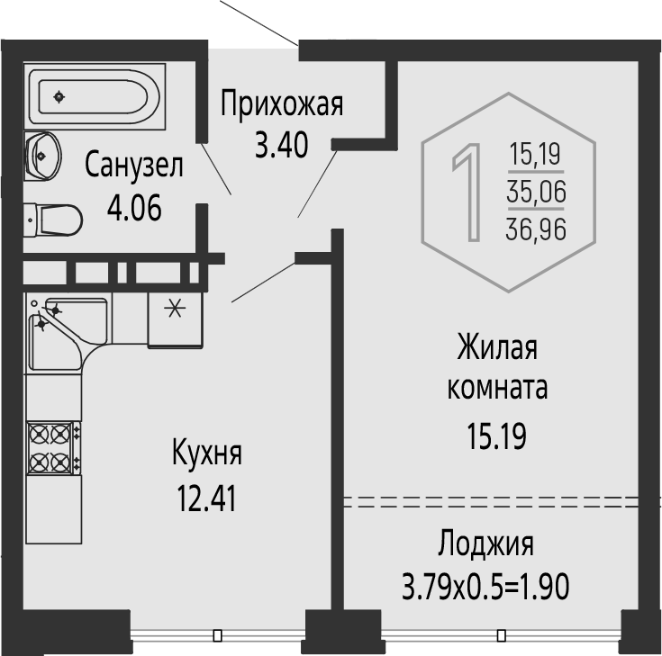 1-комн. квартира, 35.06 м² в ЖК Гарантия PRIME — фото 2