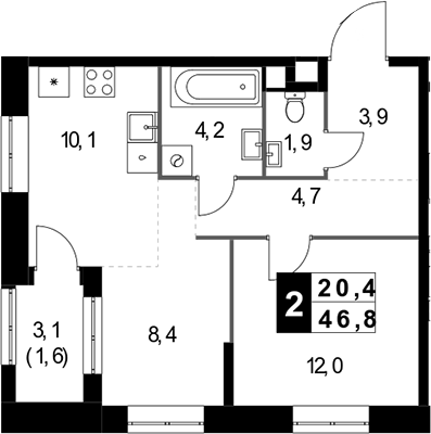 2-комн., 45.2 м², 32/32 этаж, ЖК «1-й Измайловский»