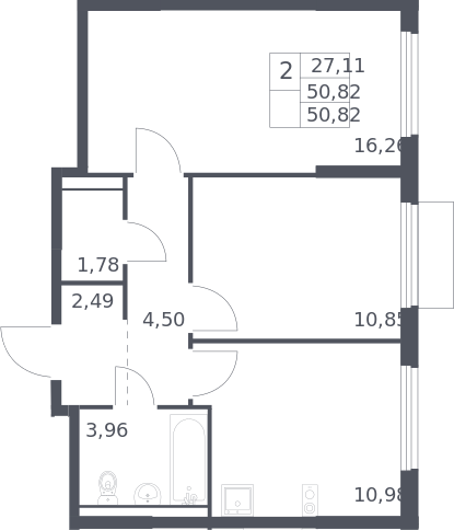 2-комн., 50.82 м², 16/17 этаж, ЖК «Пригород Лесное»