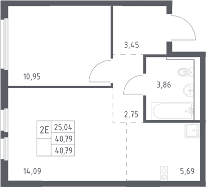 2-комн., 40.79 м², 17/17 этаж, ЖК «Пригород Лесное»