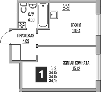 1-комн., 34.15 м², 4/14 этаж, ЖК «Гранель Притяжение Сити»