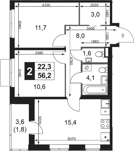 3-комн., 54.4 м², 18/18 этаж, ЖК «1-й Ясеневский»