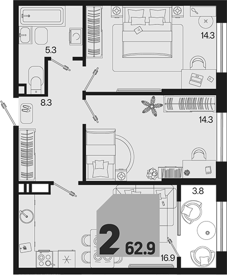 Продается 2-комн. квартира, 59.1 м² — фото 2