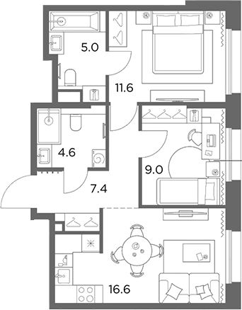 3-комн., 54.2 м², 4/6 этаж, ЖК «Станиславский»