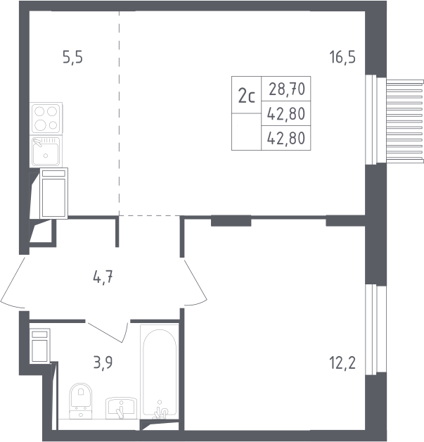 2-комн., 42.8 м², 17/17 этаж, ЖК «Мытищи Парк»