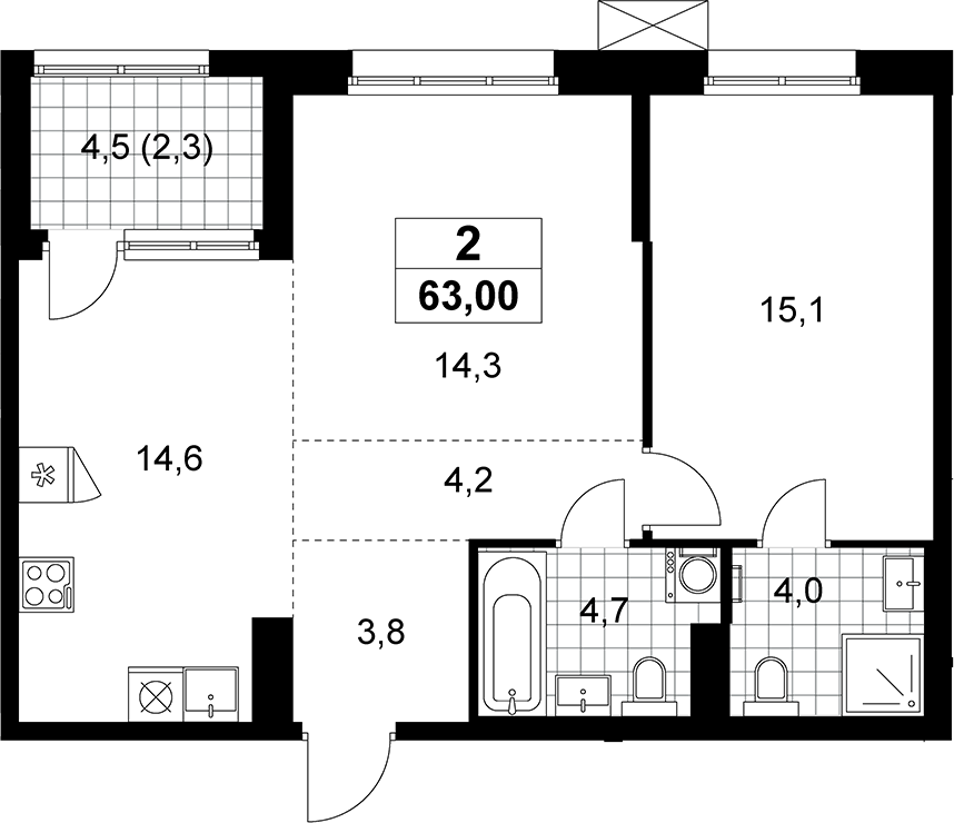 2-комн., 60.7 м², 11/12 этаж, ЖК «Дзен-кварталы»