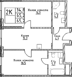 2-комн., 65.2 м², 22/29 этаж, ЖК «Наметкин Тауэр»